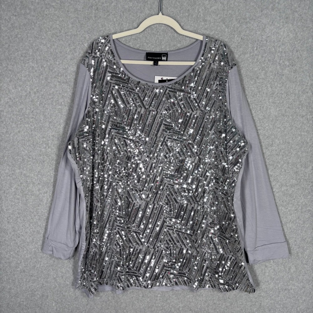 NEW Antthony Sequin Blouse Top 3X Gray Sparkle Shimmer Jersey Stretch Party Glam